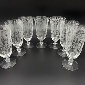 VTG Tiffin-Franciscan June Night Set Of 7 Etched Crystal Water Goblets Floral
